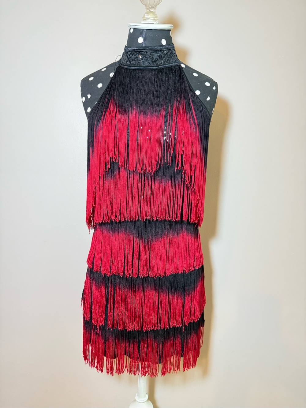 Figure Skating and Dance Black & Red Fringe Halter Dress